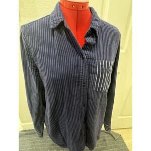 Madewell Women's Blue White Vertical Striped Button Down Shirt Tunic Sz M Career